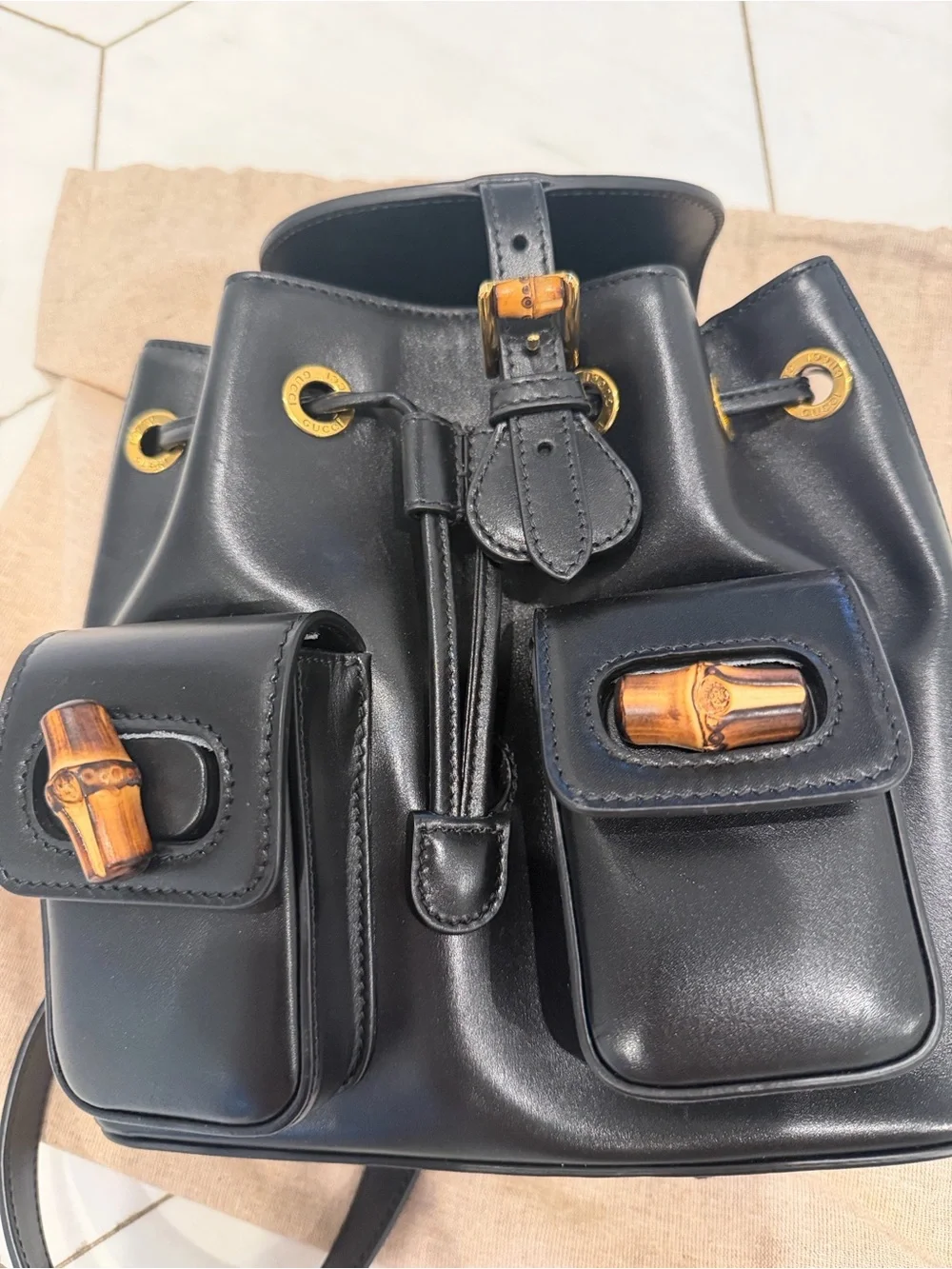 Gucci Black Leather Bamboo-Accent Drawstring Backpack